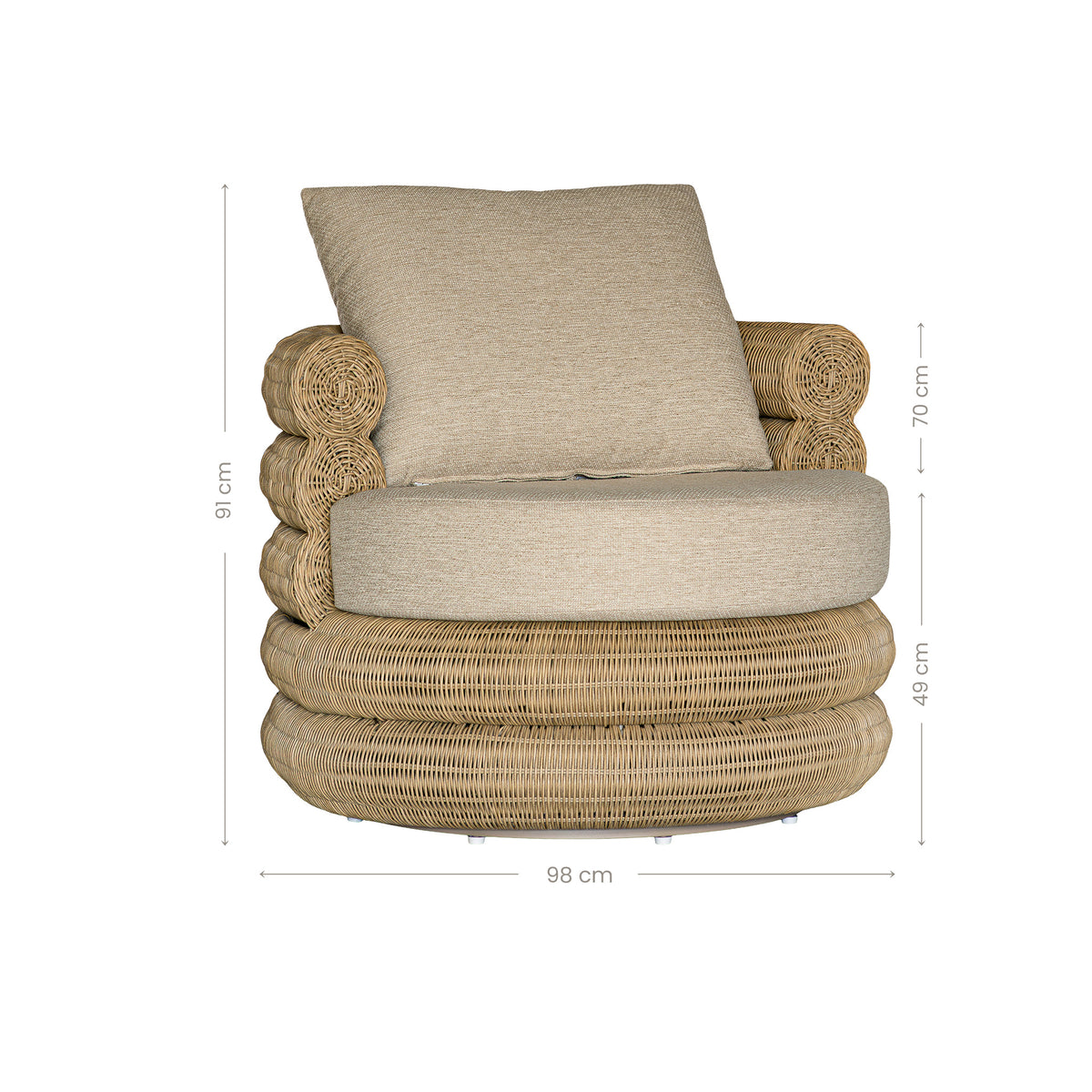 Satori outdoor swivel chair dimension diagram showing width and height
