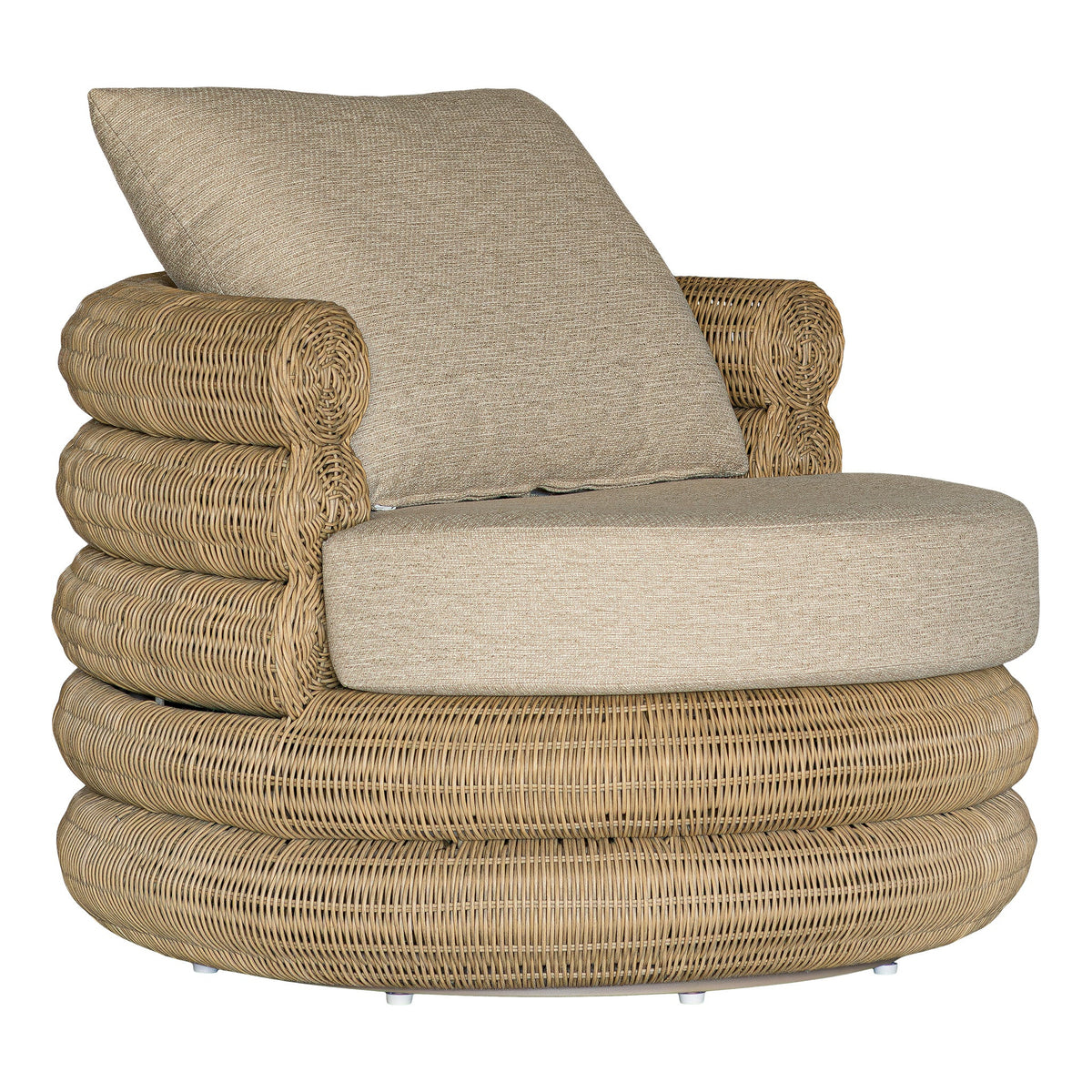 Satori outdoor swivel chair in Natural with neutral cushions, front angled view