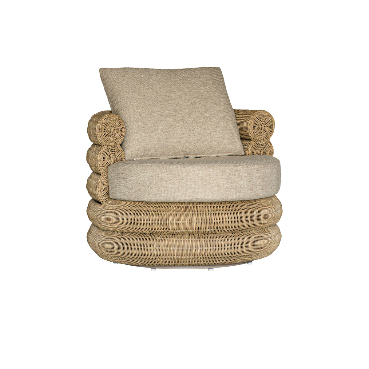 Satori outdoor swivel chair in Natural with polyrattan weave and neutral cushions, angled front view