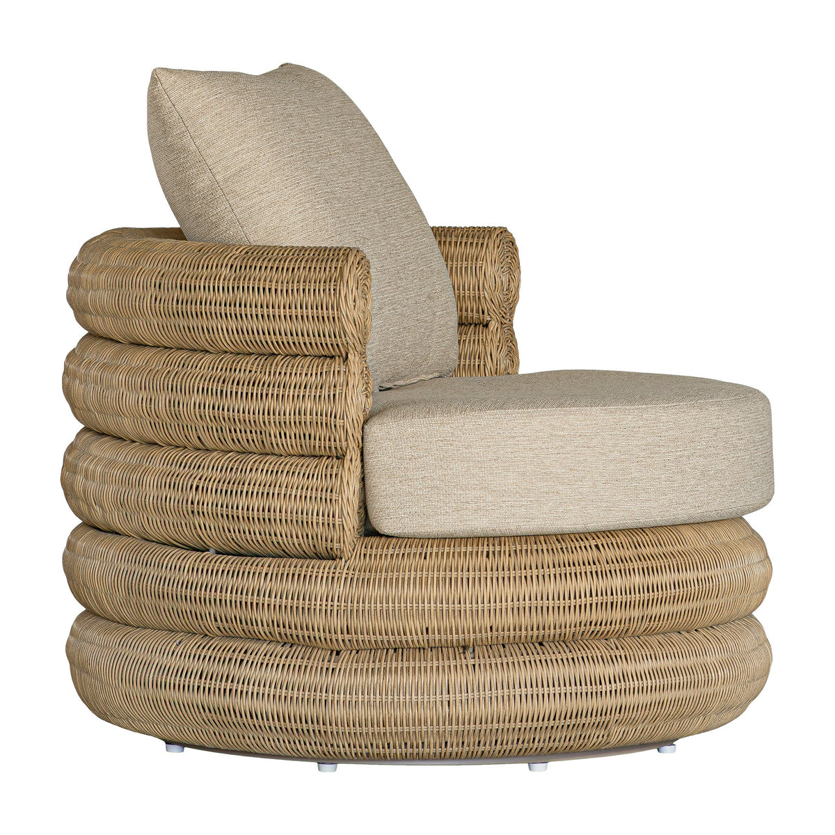 Satori outdoor swivel chair, side angle showing layered polyrattan weave
