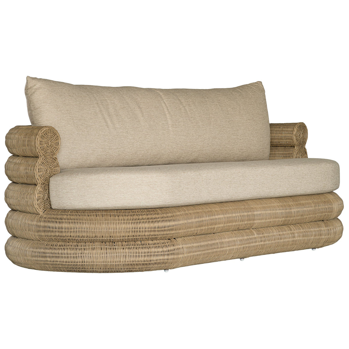 Satori outdoor three seater sofa in Natural with neutral cushions, front angled view