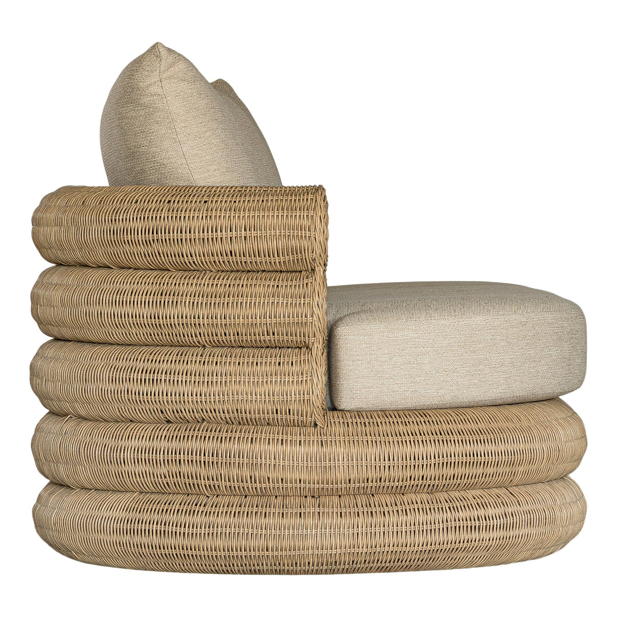 Satori outdoor three seater sofa in Natural, side view showing rounded woven arms and base
