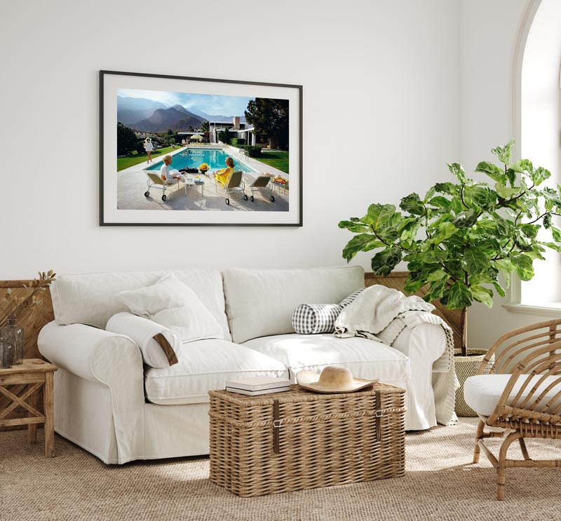 Slim Aarons Poolside Gossip photographic print, iconic Palm Springs 1970 image featuring Lita Baron, Nelda Linsk, and Helen Dzo Dzo, premium artwork with mat board and white self-border. Modern Interior.