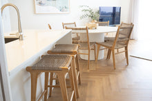 Load image into Gallery viewer, Stradbroke Backless Counter Stool made from solid Teak with woven Viro outdoor cord seat, minimalist design for indoor or outdoor use.  Styled beautifully in this coastal home.
