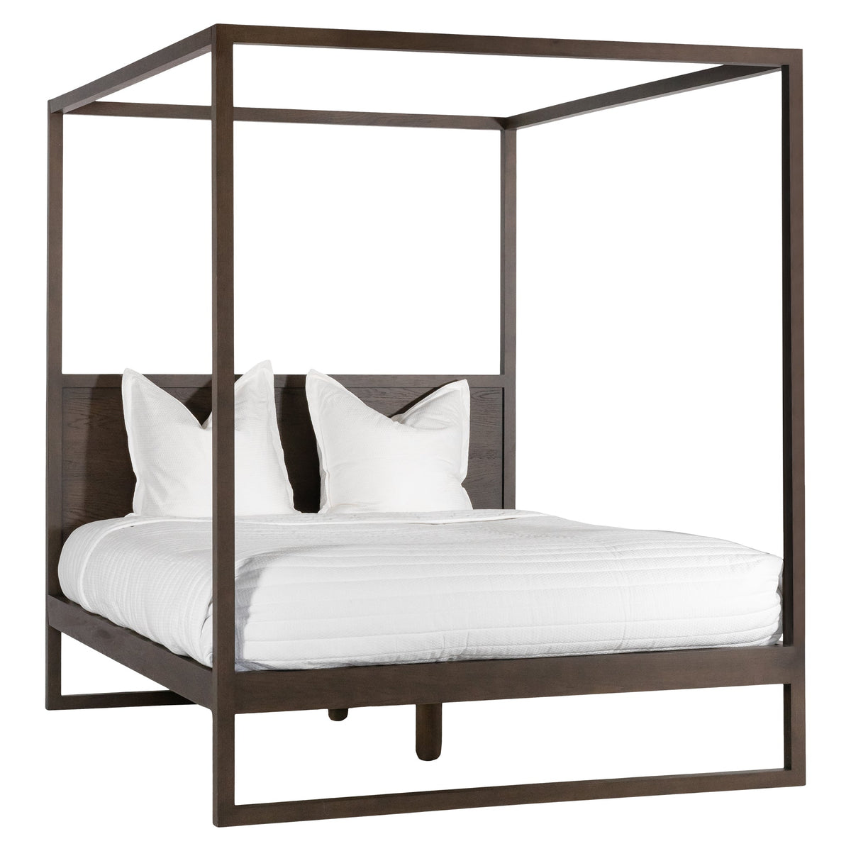 Strand four-poster bed in walnut-coloured European oak, angled product view with white bedding