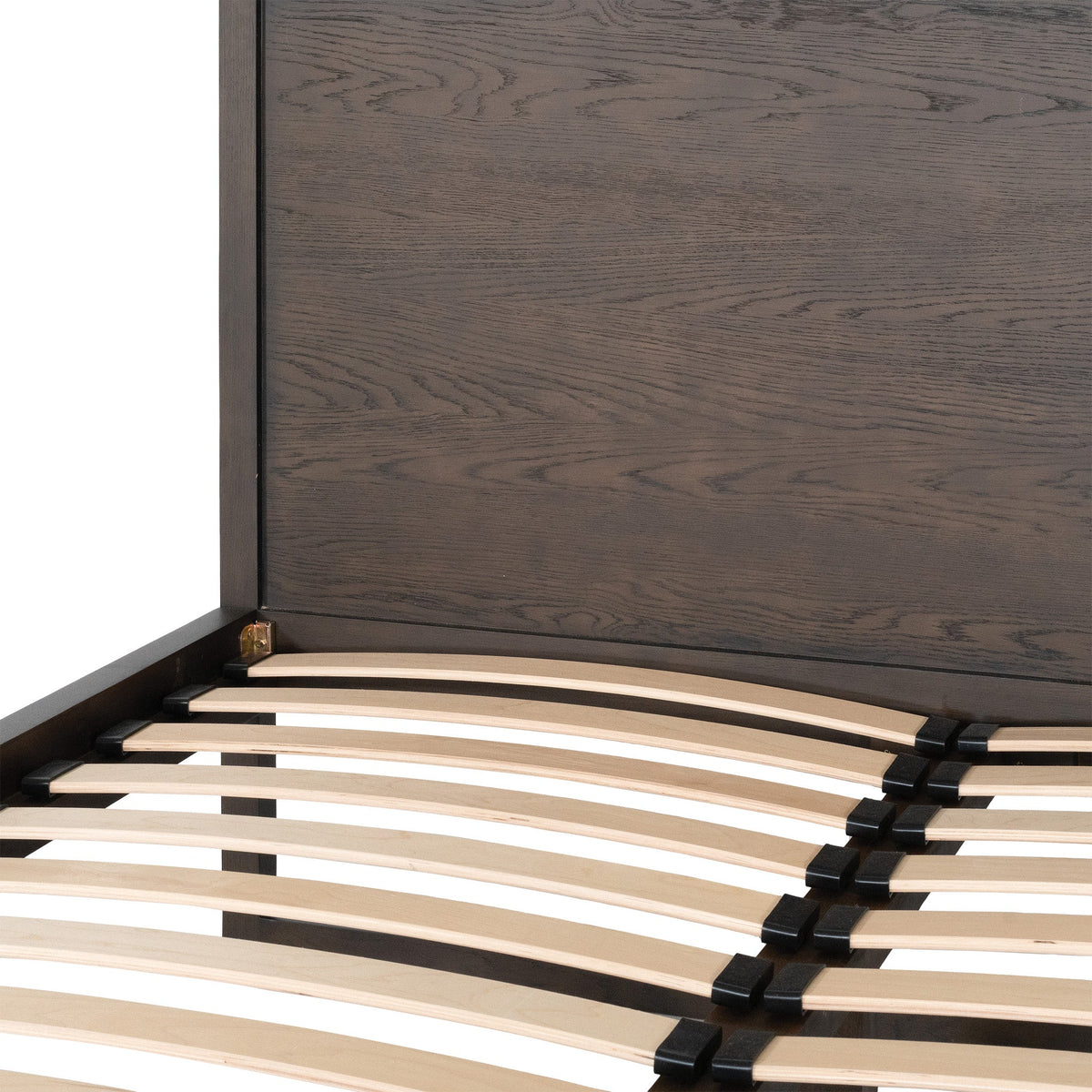 Strand walnut-finish bed showing the posture slat system and oak headboard