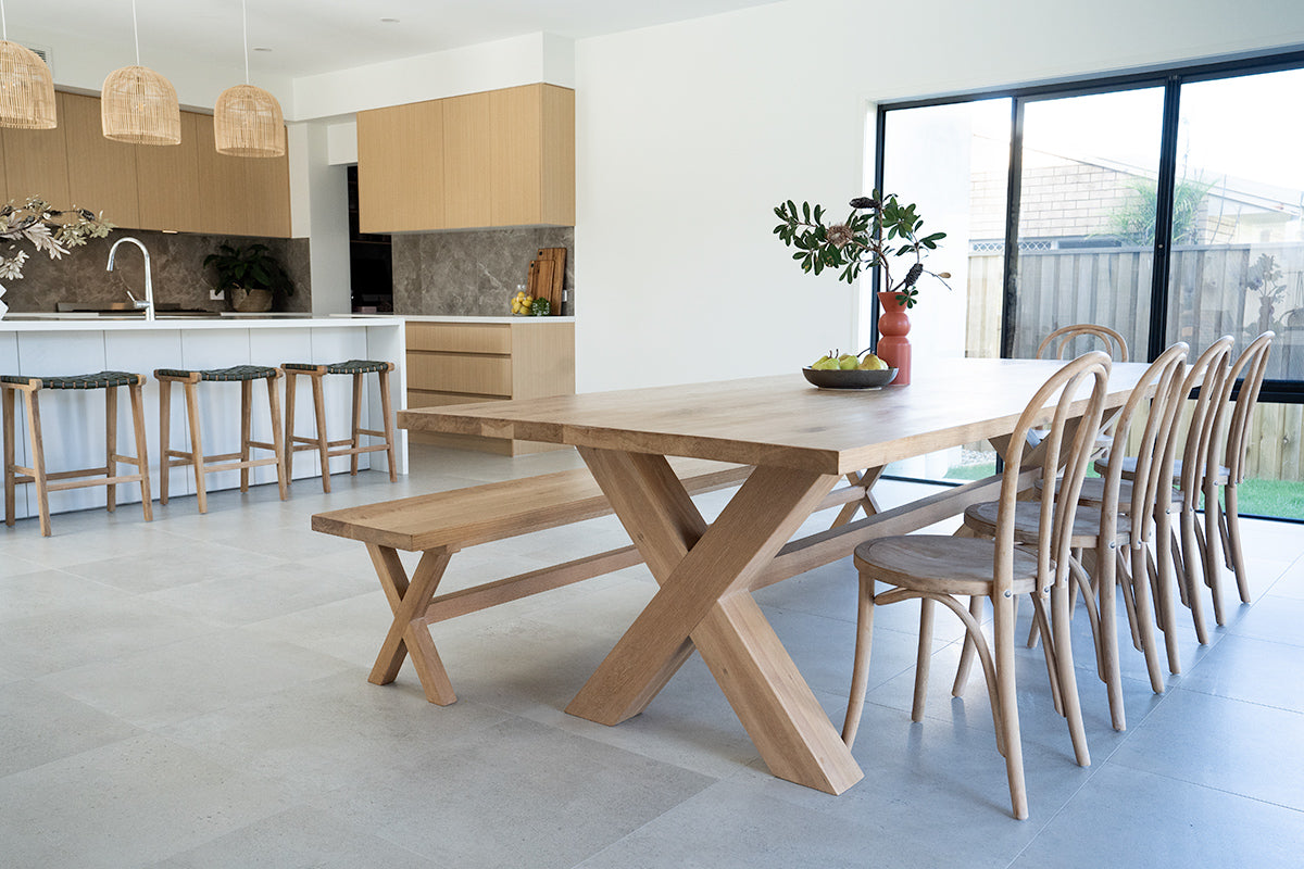 Surfer Dining Table made from premium A-Grade American Oak with a natural raw finish, perfect for elegant Sunday meals with family. Styled in this beautiful modern home.