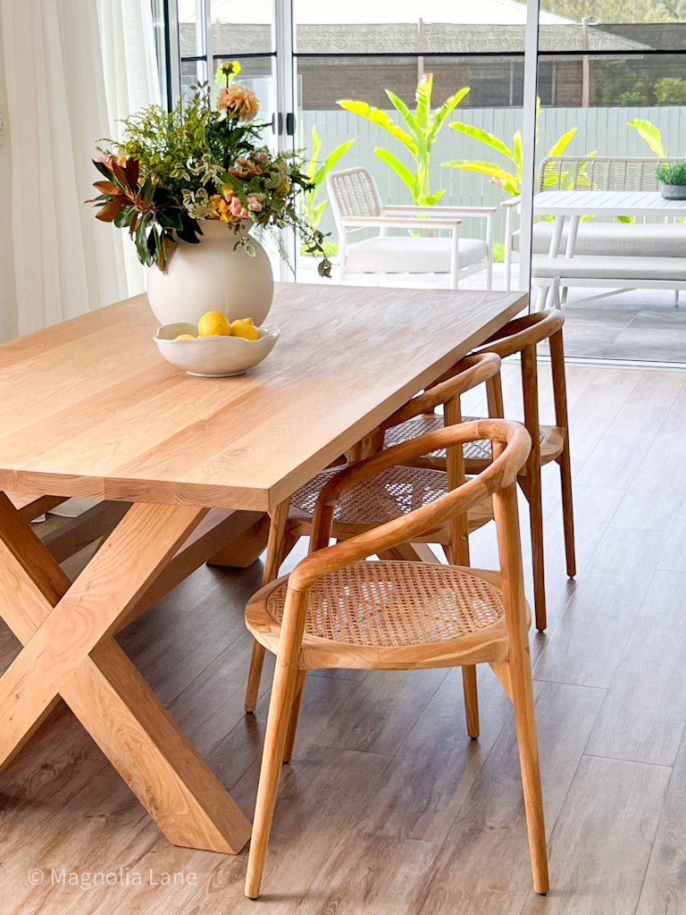 Surfer Dining Table made from premium A-Grade American Oak with a natural raw finish, perfect for elegant Sunday meals with family. Styled in this beautiful coastal home 1