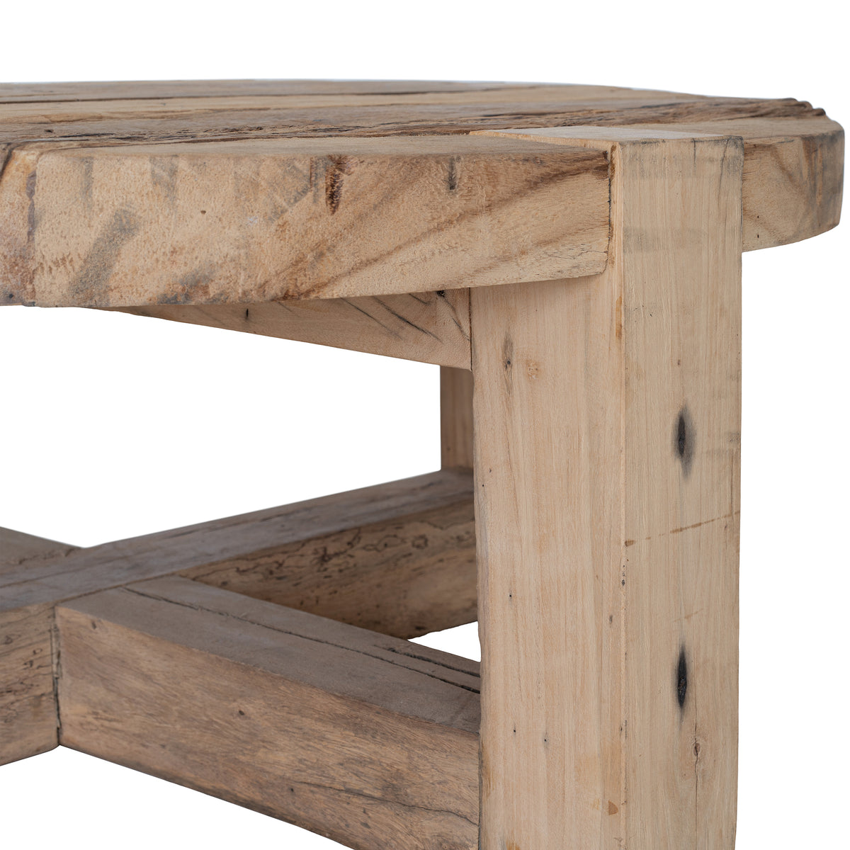 Close-up of solid reclaimed timber legs on Tembisa coffee table showing natural grain and sturdy construction