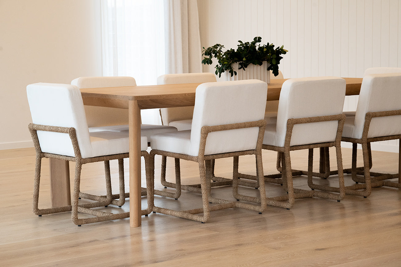 Great Dining Table made from solid American Oak with a raw Osmo PolyX finish, designed as a durable and elegant dining centerpiece. Styled in this beauttiful modern home 2