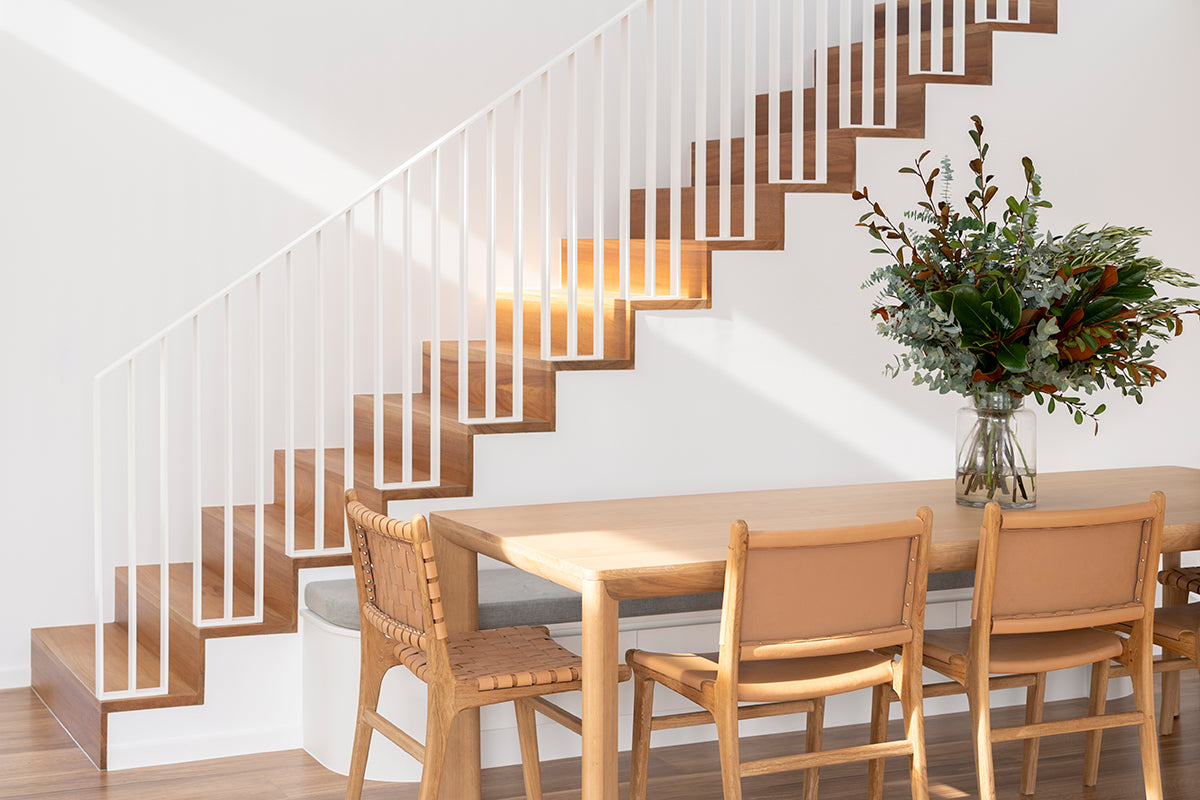 Great Dining Table made from solid American Oak with a raw Osmo PolyX finish, designed as a durable and elegant dining centerpiece. Styled in this beauttiful modern home 5