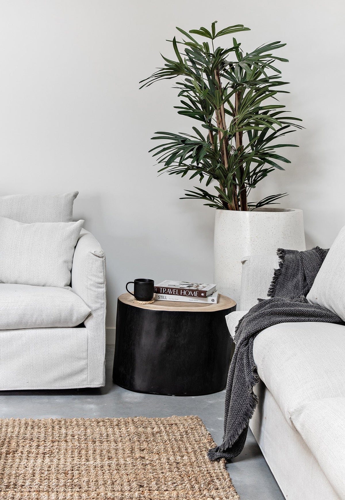 Black Trunk Coffee Table styled between white sofas with greenery