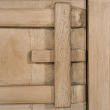 Load image into Gallery viewer, Bulu Bedside Table with left-hand door, handcrafted from reclaimed timber with natural weathered texture and carved details, coastal organic furniture with timeless character. Close up 2.