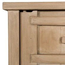 Load image into Gallery viewer, Bulu Bedside Table with left-hand door, handcrafted from reclaimed timber with natural weathered texture and carved details, coastal organic furniture with timeless character. Close up 3.