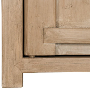 Bulu Bedside Table with left-hand door, handcrafted from reclaimed timber with natural weathered texture and carved details, coastal organic furniture with timeless character. Close up 4.