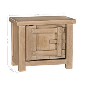 Bulu Bedside Table with left-hand door, handcrafted from reclaimed timber with natural weathered texture and carved details, coastal organic furniture with timeless character. With dimensions.