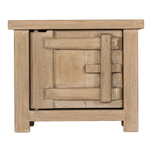 Load image into Gallery viewer, Bulu Bedside Table with left-hand door, handcrafted from reclaimed timber with natural weathered texture and carved details, coastal organic furniture with timeless character.