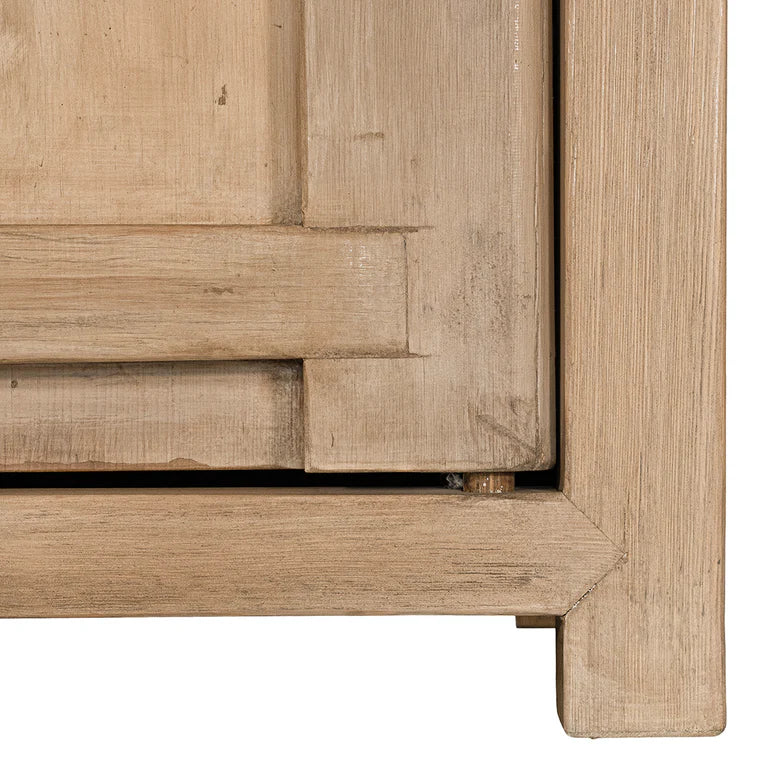 Bulu Bedside Table with right-hand door, handcrafted from reclaimed timber with natural weathered texture and carved details, coastal organic furniture with timeless character.  Close up 2.