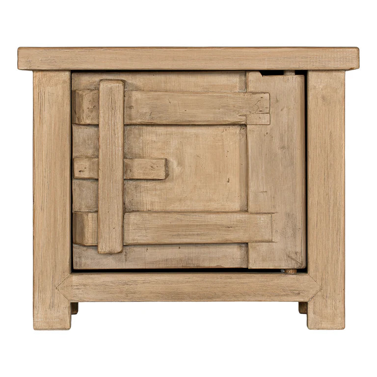 Bulu Bedside Table with right-hand door, handcrafted from reclaimed timber with natural weathered texture and carved details, coastal organic furniture with timeless character.