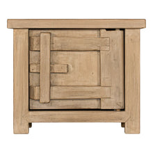 Load image into Gallery viewer, Bulu Bedside Table with right-hand door, handcrafted from reclaimed timber with natural weathered texture and carved details, coastal organic furniture with timeless character.
