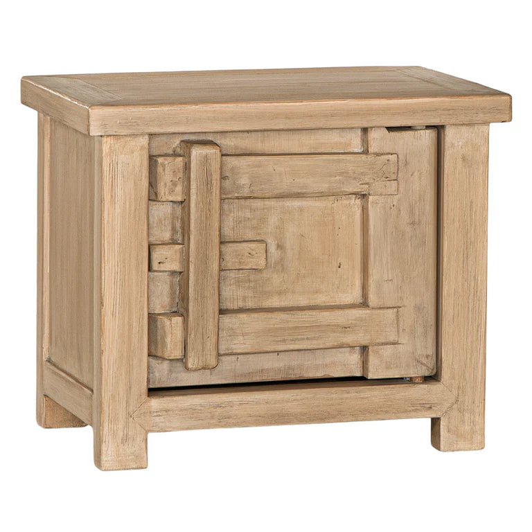 Bulu Bedside Table with right-hand door, handcrafted from reclaimed timber with natural weathered texture and carved details, coastal organic furniture with timeless character.  Front view.