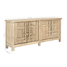 Load image into Gallery viewer, Bulu Buffet handcrafted from reclaimed timber with weathered finish and carved details, timeless coastal sideboard with organic texture and sculptural simplicity. With dimensions.