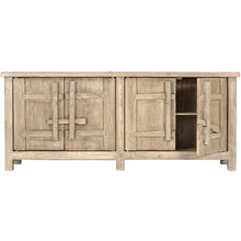 Load image into Gallery viewer, Bulu Buffet handcrafted from reclaimed timber with weathered finish and carved details, timeless coastal sideboard with organic texture and sculptural simplicity.  Door open view.