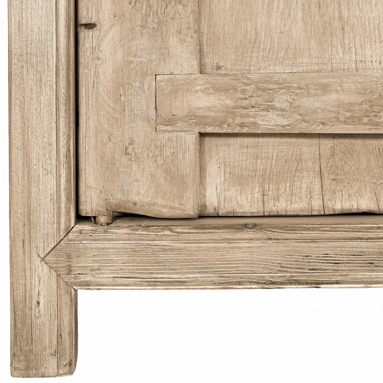 From the Bulu Collection the 2D storage cabinet is crafted from reclaimed vintage elm and pine with natural weathered details. Leg detail.