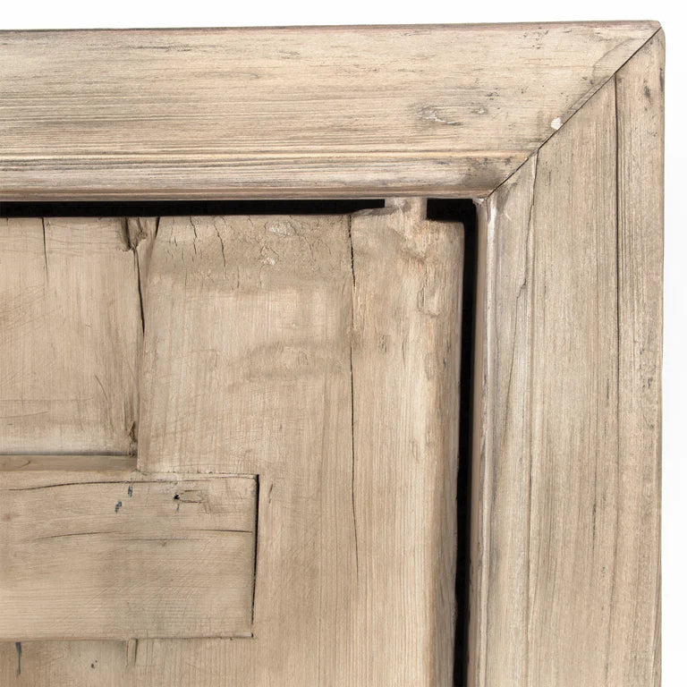 From the Bulu Collection the 2D storage cabinet is crafted from reclaimed vintage elm and pine with natural weathered details. Close up detail.