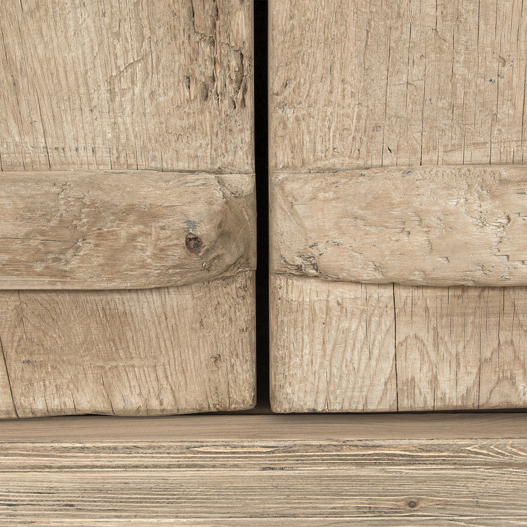 From the Bulu Collection the 2D storage cabinet is crafted from reclaimed vintage elm and pine with natural weathered details. Timber close up.