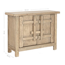 Load image into Gallery viewer, From the Bulu Collection the 2D storage cabinet is crafted from reclaimed vintage elm and pine with natural weathered details. Showing dimensions.