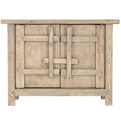 From the Bulu Collection the 2D storage cabinet is crafted from reclaimed vintage elm and pine with natural weathered details. Front perspective.