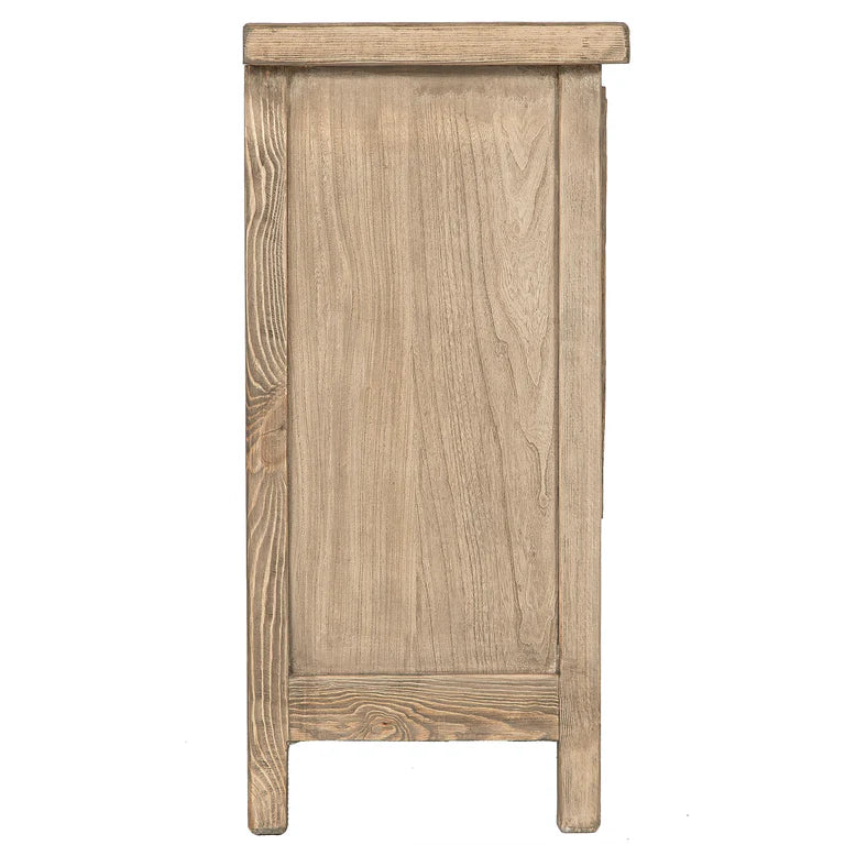 From the Bulu Collection the 2D storage cabinet is crafted from reclaimed vintage elm and pine with natural weathered details. Side perspective.