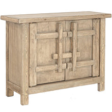 Load image into Gallery viewer, From the Bulu Collection the 2D storage cabinet is crafted from reclaimed vintage elm and pine with natural weathered details. Front angle perspective.