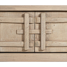 Load image into Gallery viewer, Bulu four door entertainment unit in reclaimed timber with antique hand-carved details and unique weathered markings. Close up 1