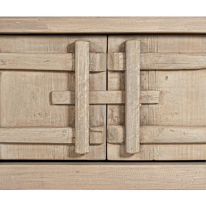 Bulu four door entertainment unit in reclaimed timber with antique hand-carved details and unique weathered markings. Close up 1