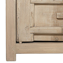 Load image into Gallery viewer, Bulu four door entertainment unit in reclaimed timber with antique hand-carved details and unique weathered markings. Close up 3