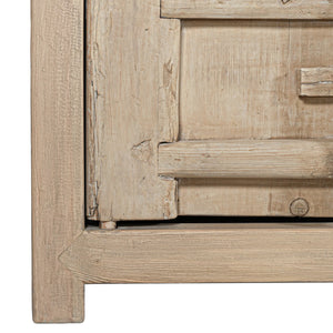 Bulu four door entertainment unit in reclaimed timber with antique hand-carved details and unique weathered markings. Close up 3