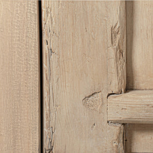 Bulu four door entertainment unit in reclaimed timber with antique hand-carved details and unique weathered markings. Close up 4