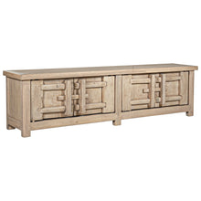 Load image into Gallery viewer, Bulu four door entertainment unit in reclaimed timber with antique hand-carved details and unique weathered markings. Front angle perspective.
