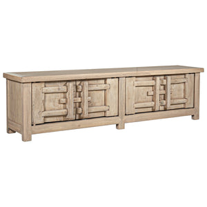 Bulu four door entertainment unit in reclaimed timber with antique hand-carved details and unique weathered markings. Front angle perspective.