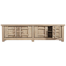 Load image into Gallery viewer, Bulu four door entertainment unit in reclaimed timber with antique hand-carved details and unique weathered markings. Front perspective.