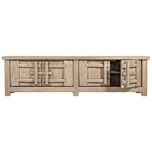 Bulu four door entertainment unit in reclaimed timber with antique hand-carved details and unique weathered markings. Front perspective.
