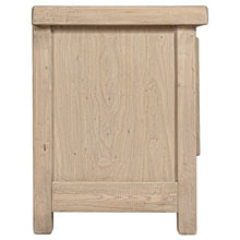 Load image into Gallery viewer, Bulu four door entertainment unit in reclaimed timber with antique hand-carved details and unique weathered markings.  Side perspective.