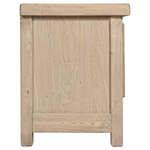 Bulu four door entertainment unit in reclaimed timber with antique hand-carved details and unique weathered markings.  Side perspective.