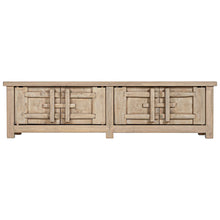 Load image into Gallery viewer, Bulu four door entertainment unit in reclaimed timber with antique hand-carved details and unique weathered markings. Front perspective.