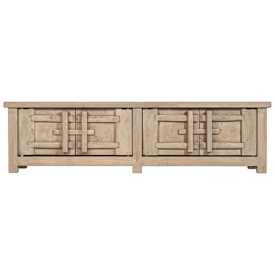 Bulu four door entertainment unit in reclaimed timber with antique hand-carved details and unique weathered markings. Front perspective.