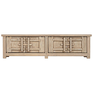 Bulu four door entertainment unit in reclaimed timber with antique hand-carved details and unique weathered markings. Front perspective.