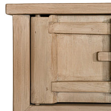 Load image into Gallery viewer, Bulu two door cabinet, entertainment unit or oversized bedside table, handcrafted from reclaimed timber with natural weathered texture and carved details, coastal organic furniture with timeless character.  Close up 1.