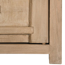 Load image into Gallery viewer, Bulu two door cabinet, entertainment unit or oversized bedside table, handcrafted from reclaimed timber with natural weathered texture and carved details, coastal organic furniture with timeless character.  Close up 2.